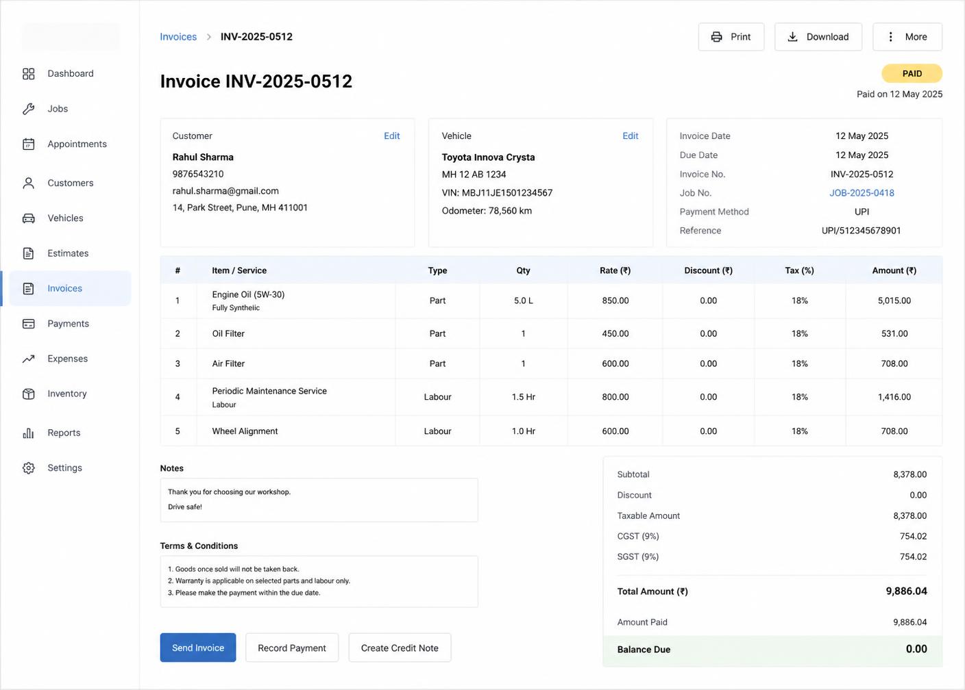 Automobile tax invoice screen with parts and labour line items and payment summary