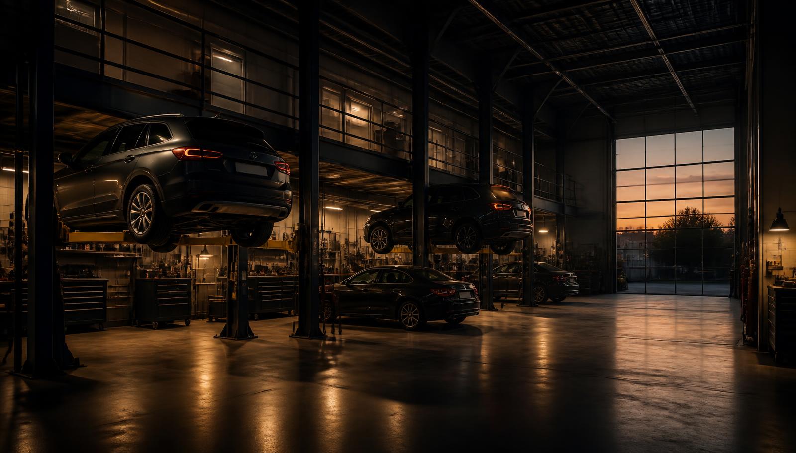 Service bays of an automobile workshop with vehicles under maintenance